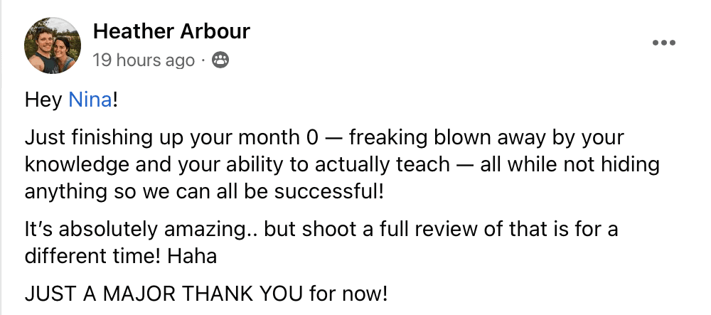 Hey Nina!

Just finishing up your month 0 - freaking blown away by your knowledge and your ability to actually teach — all while not hiding anything so we can all be successful!

It's absolutely amazing.. but shoot a full review of that is for a different time! Haha

JUST A MAJOR THANK YOU for now!

Questions from Month O... what are your thoughts on setting up a FAQ page along with an about page? My husband and I run the website together.. and we've always had a joint about us page and a

FAQ page..